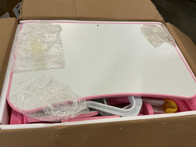 Condition photo showing Good Condition for kids desk and chair set, height adjustable child's school study writing tables, kids desk with bookstand and storage drawer, widened desktop with desktop for boys and girls pink-a