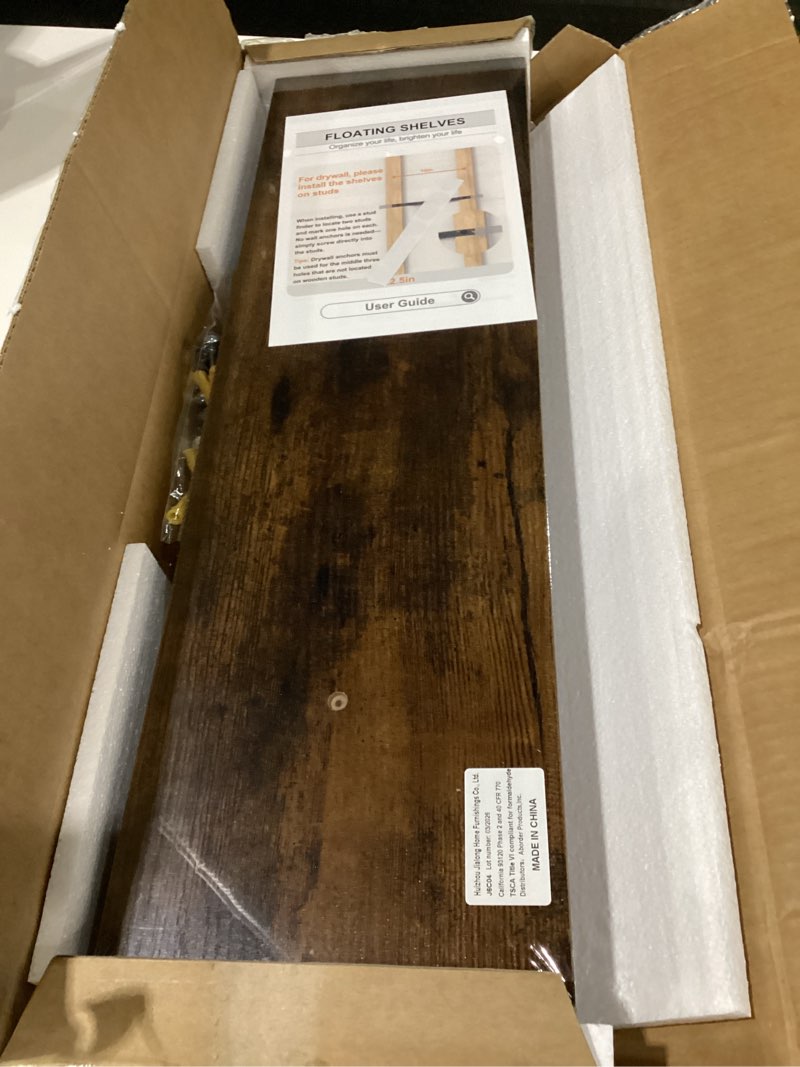 Condition photo showing Good Condition for bayka floating shelves set of 2, 22.5 inches farmhouse rustic wood wall mounted shelves for bathroom, bedroom, living room or kitchen, hanging shelf decor book with 22lbs capacity, rustic brown b. rustic brown - americana farmhouse style 22.5inches