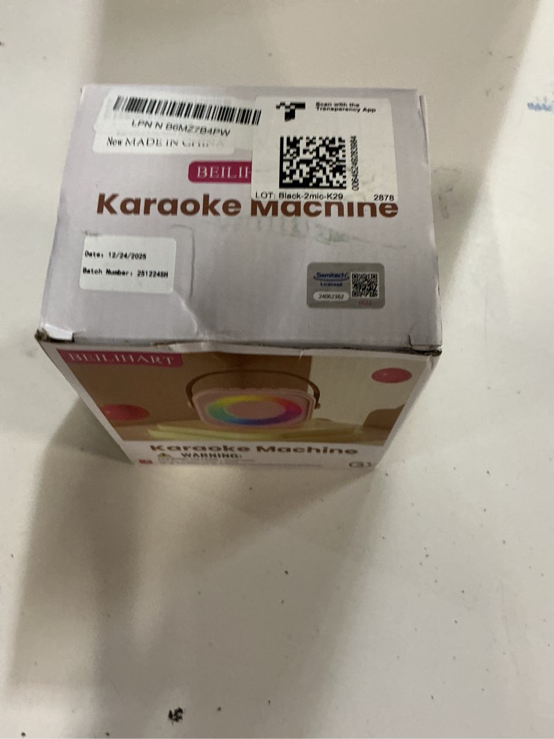 Condition photo showing New/Like New for mini karaoke machine, portable bluetooth karaoke speaker with 2 wireless microphones and party lights for kids and adults, birthday gifts for girls boys family home party black 2 mics