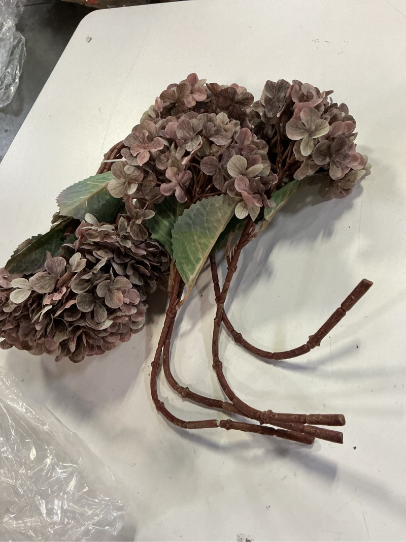 Condition photo showing Good Condition for artificial flower fake silk hydrangea heads bouquet with stems bulk for fall decoration table center christmas indoor outdoor faux floral realistic with leaves plants crafts 8pcs(brown)