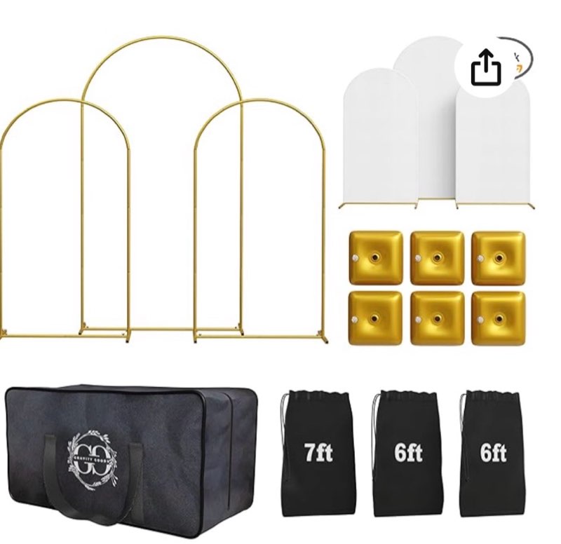 metal arch backdrop stand and cover set – 3 gold frames (7.2ft, 6ft x2) with white wrinkle-free spandex covers, water weights, bags & case – wedding, birthday, baby shower, party decor 