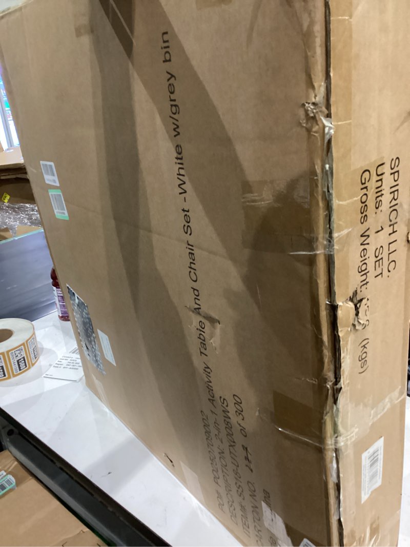 Condition photo showing As Is for UTEX Wooden 2 in 1 Kids Construction Activity Table and 2 Chairs Set with Storage Drawers, and Built in Plate Compatible with Lego and Duplo Bricks (White with Grey Drawers) White With Gray Drawer