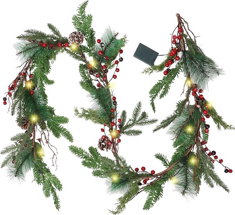 Pine Garland with Lights Christmas Garlands 6.56FT 20 Snow LED Battery Operated Garland with Red Ber