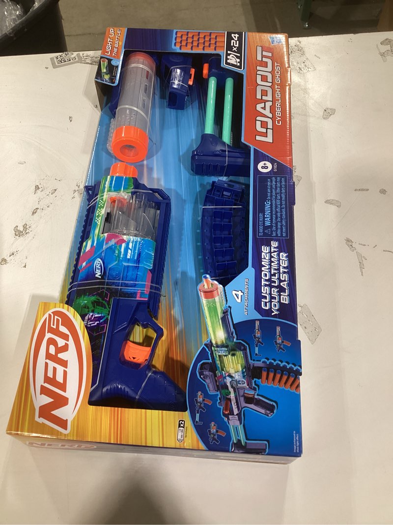 Condition photo showing New/Like New for Nerf Loadout Cyberlight Ghost Blaster, Electronic Glowing LED Lights, 4 Attachment Accessories, 24 Nerf N1 Darts, Kids Toys & Gifts, Ages 8+