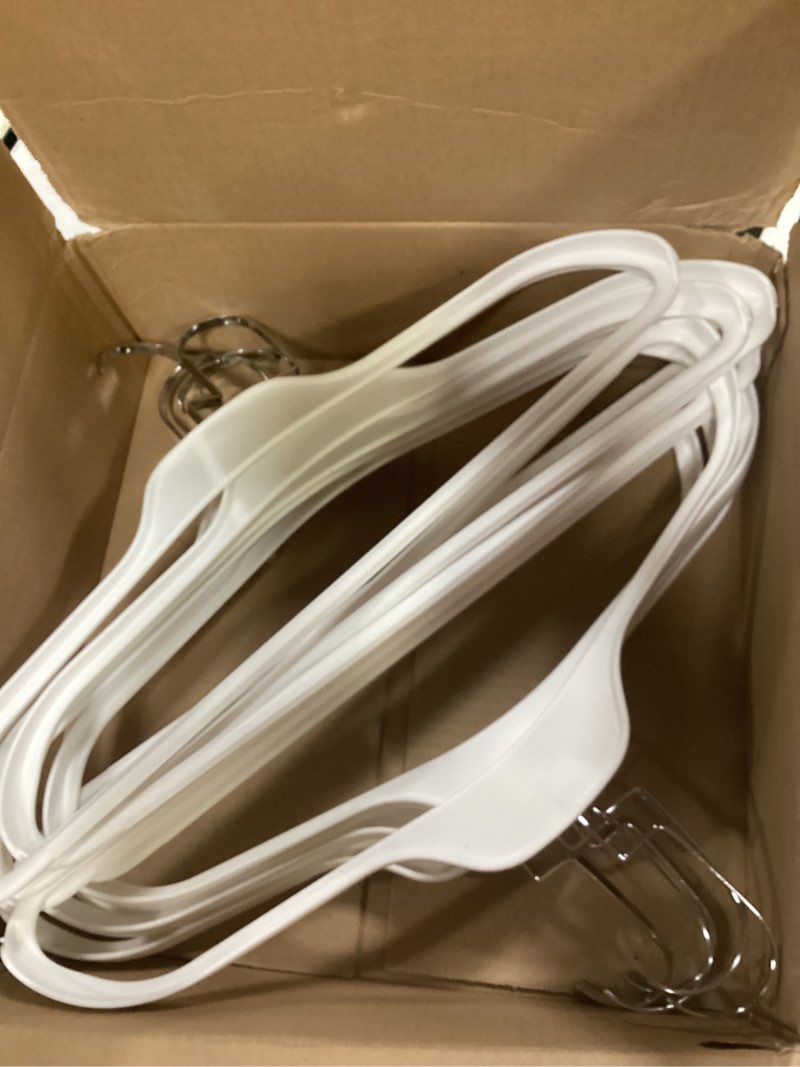Condition photo showing As Is for quality hangers clothes hangers 24 pack - non-velvet plastic hangers for clothes -heavy duty coat hanger set -space-saving closet hangers with chrome swivel hook, functional non-flocked hangers, white