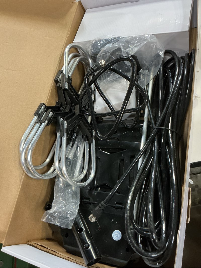 Condition photo showing As Is for onn outdoor tv antenna with mounting pole, up to 85-mile reception range (varies by location), supports ultra hd, full hd, and hd signals