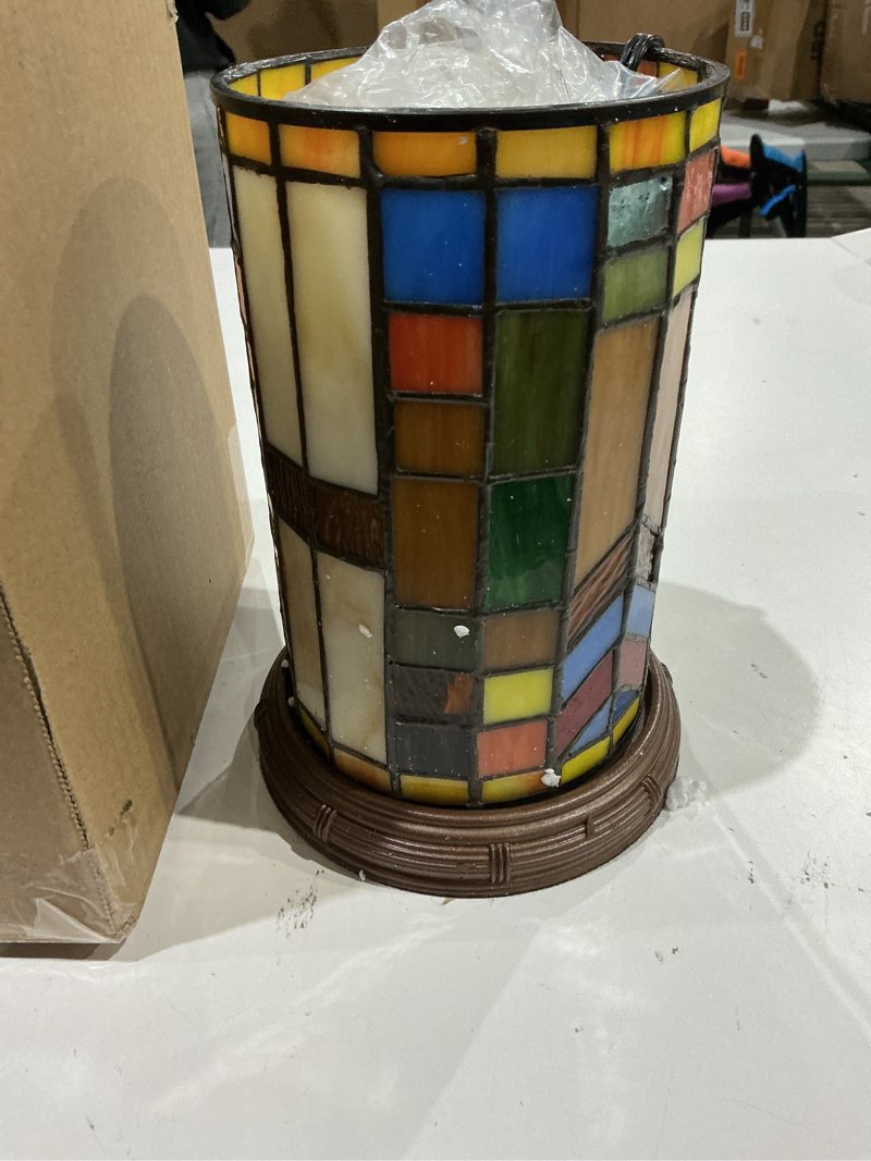 Condition photo showing New/Like New for tiffany style stained glass bohemian block table lamp living room bedroom bedside flower vase decor small night light mini cute kids accent cottage aesthetic nightstand cylinder desk lamp