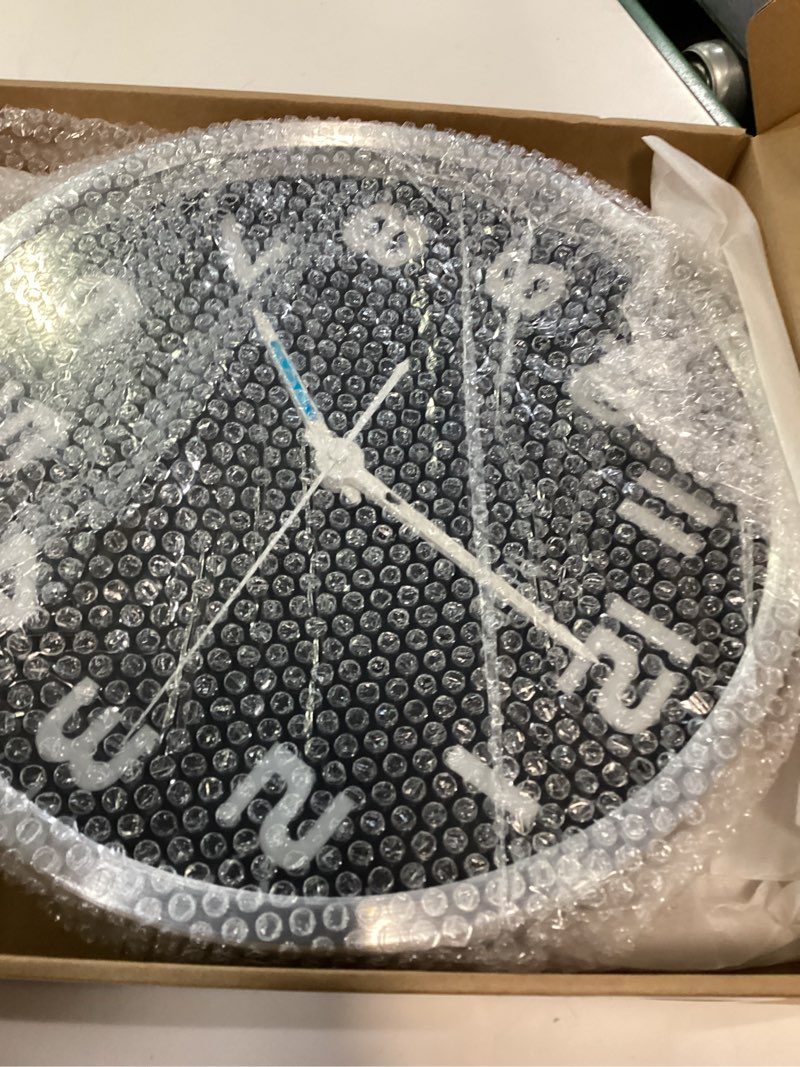Condition photo showing New/Like New for hito 12 inch night light wall clock battery operated brightness adjustable, metal frame, glass cover(hands + numbers illuminate) hands + numbers illuminate 12 inch silver