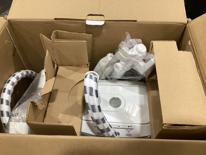 Condition photo showing As Is for rowenta professional full size steamer for clothes with screen 65 inches 1.3 liter capacity 1700 watts ironing, fabric steamer, garment steamer, adjustable is8440 white