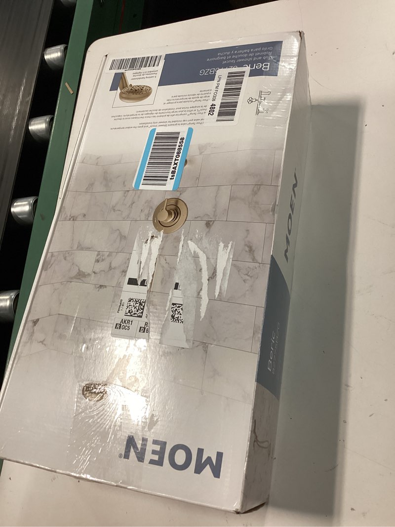 Condition photo showing New/Like New for moen beric bronzed gold single handle modern tub and shower faucet with handshower, valve included, 82775bzg