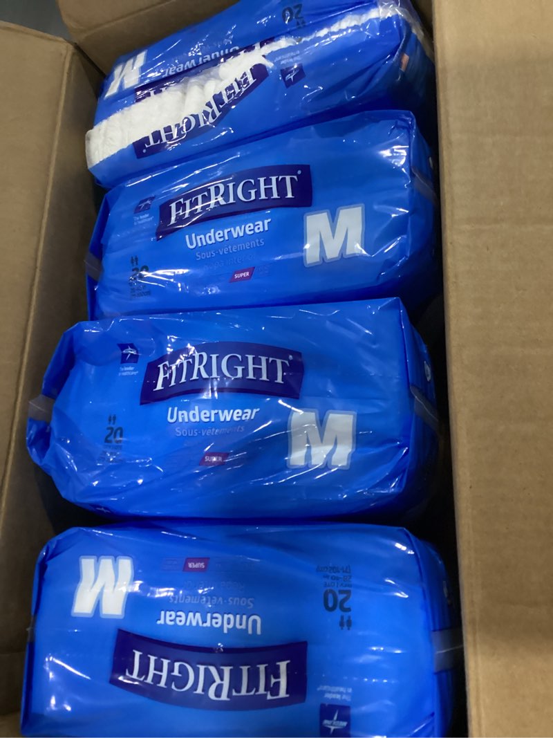 Condition photo showing As Is for fitright super protective incontinence underwear, maximum absorbency, medium, 28 to 40\", 20 count bag of 20 x 4 80 count
