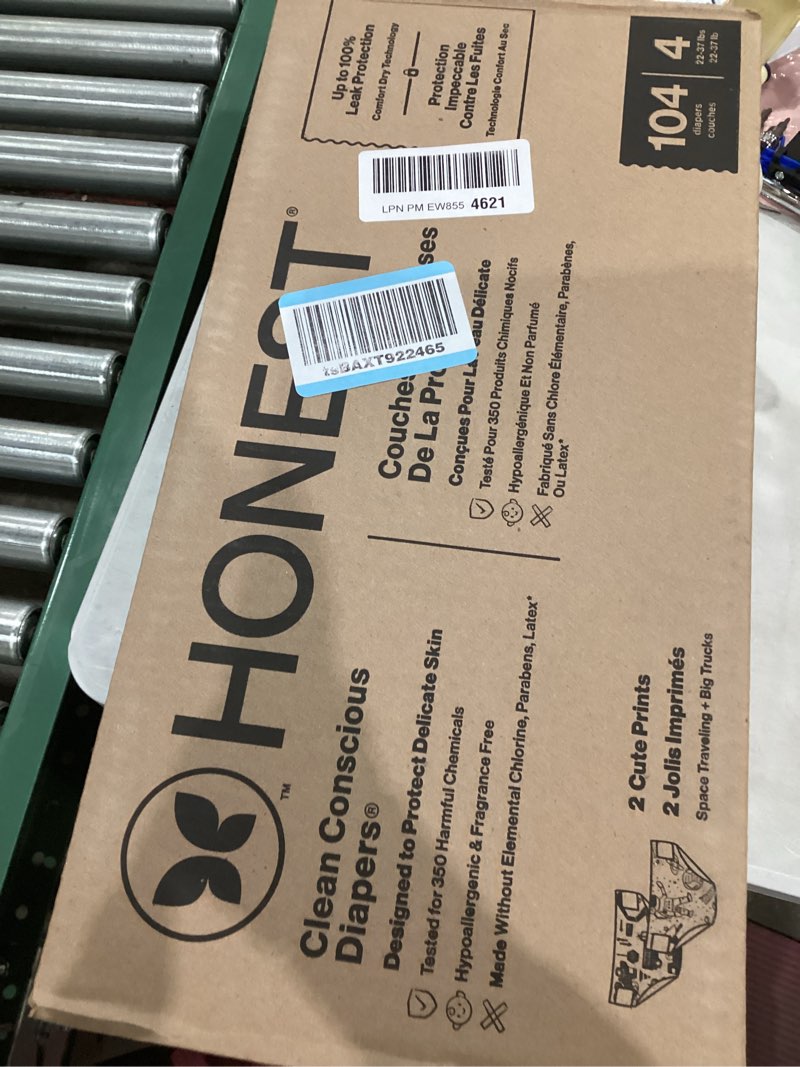 Condition photo showing New/Like New for The Honest Company Comfort Dry Disposable Diapers for Sensitive Skin, Hypoallergenic, Space Travel + Big Trucks, Super Club Box Size 4 (22–37 lbs) 104 Count Size 4 (104 Count) Space Travel + Big Trucks
