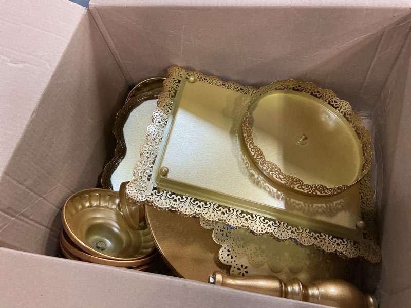 Condition photo showing Good Condition for Set of 9 Cake Stands Metal Cupcake Stand Set Multiple Styles Candy Fruit Display Tower Dessert Plate Cake Serving Tray for Birthday Party Wedding Anniversary Baby Shower Engagement (Gold)