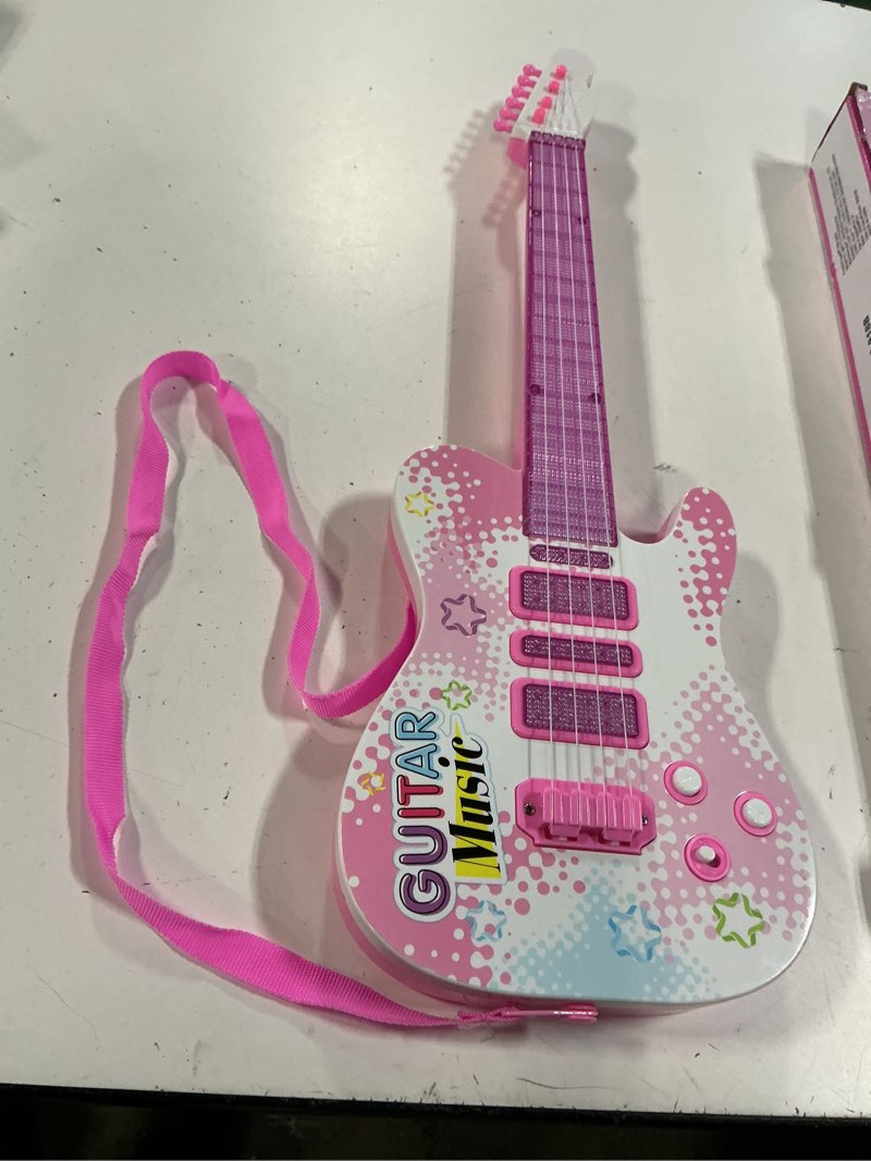 Condition photo showing Good Condition for kids pink guitar toy for 3 year old girls birthday gift toddler toy ages 2-4 electric guitars with 4 strings light up music toys for 3 4 5 year old boys girls gifts