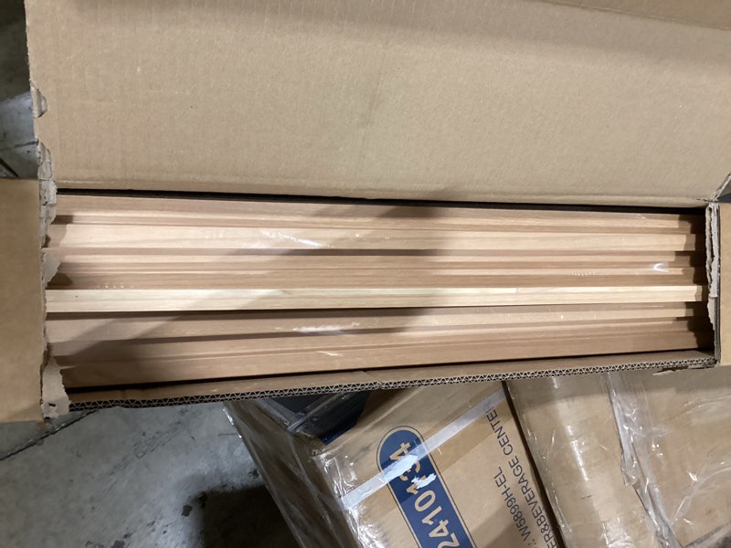 Condition photo showing As Is for art3d slat wood wall paneling for interior and ceiling decoration - pack of 4pcs + 1pc end-trim, size 108 x 5.7in.- oak 108 x 5.7 inch oak