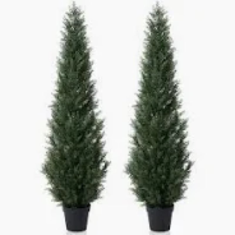 "5 FT Artificial Cedar Topiary Trees for Outdoors, Set of 2, Potted Cypress Faux Evergreen fo 