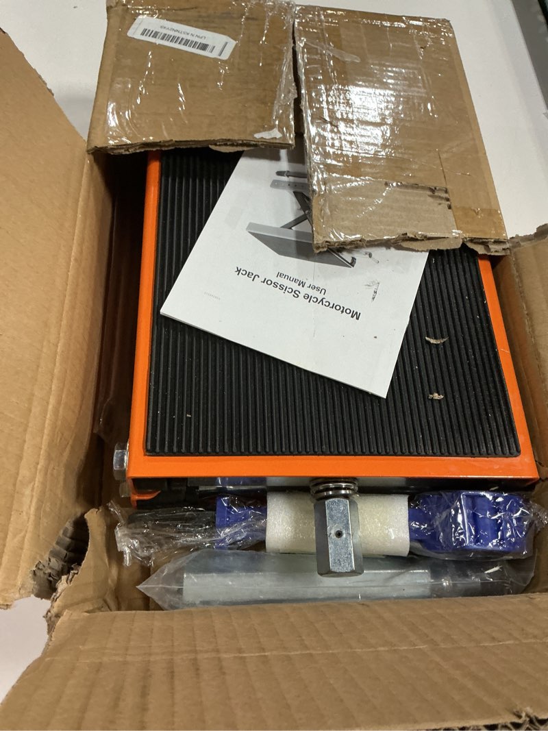 Condition photo showing Good Condition for Motorcycle Lift, 1100 Lbs Capacity Motorcycle Scissor Jack with Upgraded Anti-Slip Bottom and Thickened Rubber Wide Deck,Steel Motor Bike Hoist Stand with Crank for ATV, Cruiser Bikes, Dirt Bikes Blue