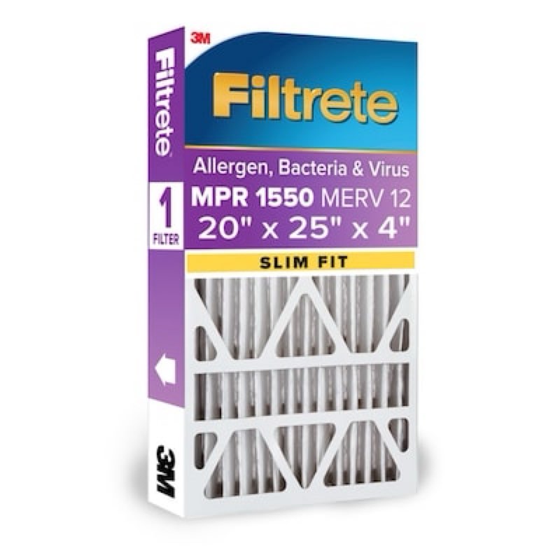 filtrete 20 x 25 x 4 (slim fit) merv 12 1550 mpr slim allergen, bacteria and virus electrostatic pleated
