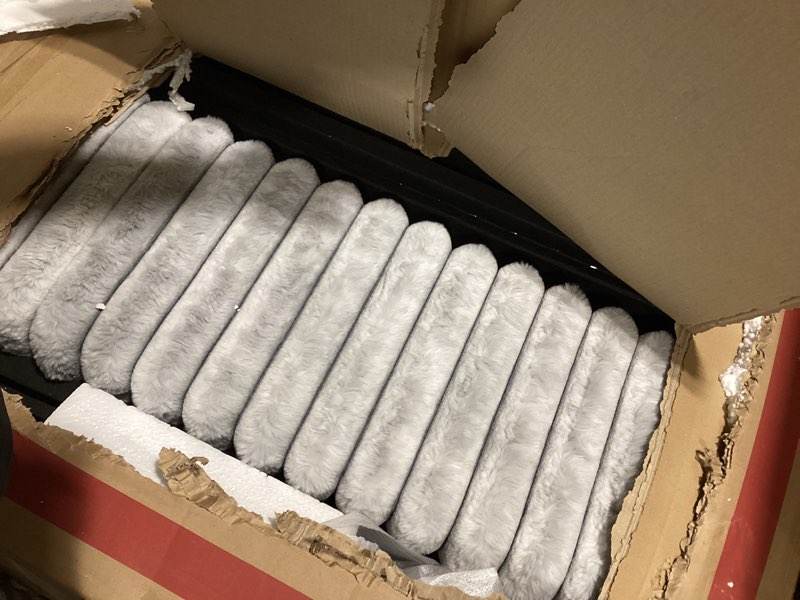 Condition photo showing Good Condition for lexicon corduroy upholstered bed frame, remote fireplace, built-in speaker, wingback eastern king bed frame with headboard, wooden slats, box spring needed, assembly required, two-tone gray