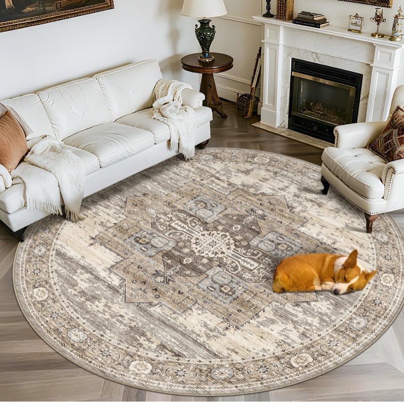 ruugme washable 7round rug - large rugs for living room low pile carpet soft rugs for middle-aged married woman in bedroom kitchen dining room with non slip backing home decor floor 7round beige