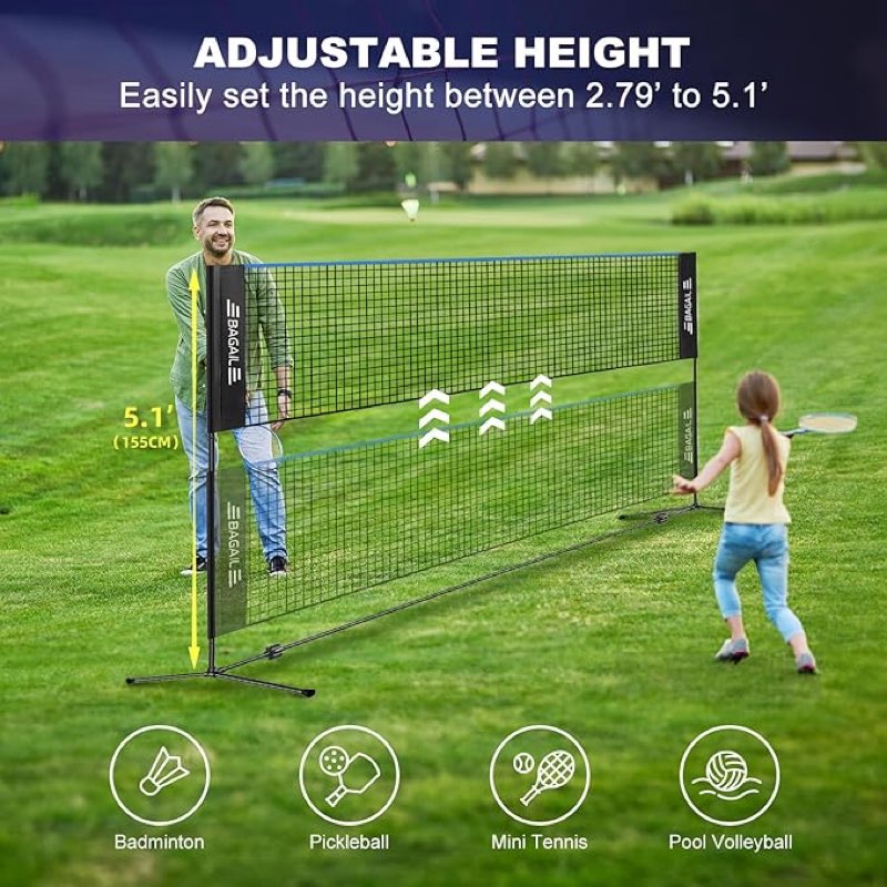 bagail badminton net, height adjustable kids volleyball net, foldable nylon net 10 ft/14ft/17ft wide, tennis net, small pickleball net for backyard game and indoor outdoor use, easy setup