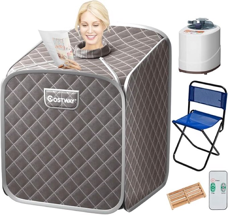 COSTWAY Portable Steam Sauna, 2L Folding Home Spa Sauna Tent for Relaxation at Home, Personal Sauna with 9 Temperature Levels, Timer, Remote Control, Foldable Chair (Gray)