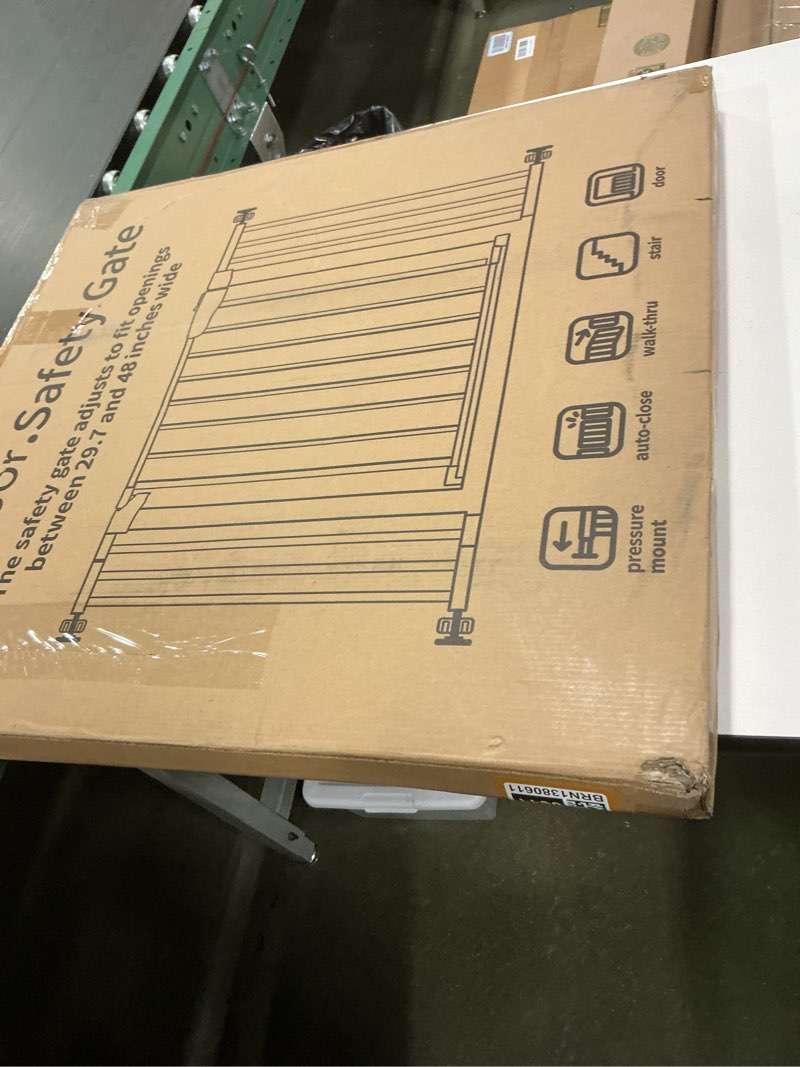 Condition photo showing Good Condition for Cumbor 29.7-48" Baby Gate for Stairs, Mom's Choice Awards Winner-Dog Gate for Doorways, Auto Close Safety Pet Gate for Dogs Indoor, Easy Install Pressure Mounted Child Gate with Walk Thru Door, Brown Brown 29.7-48"W x 30.5"H