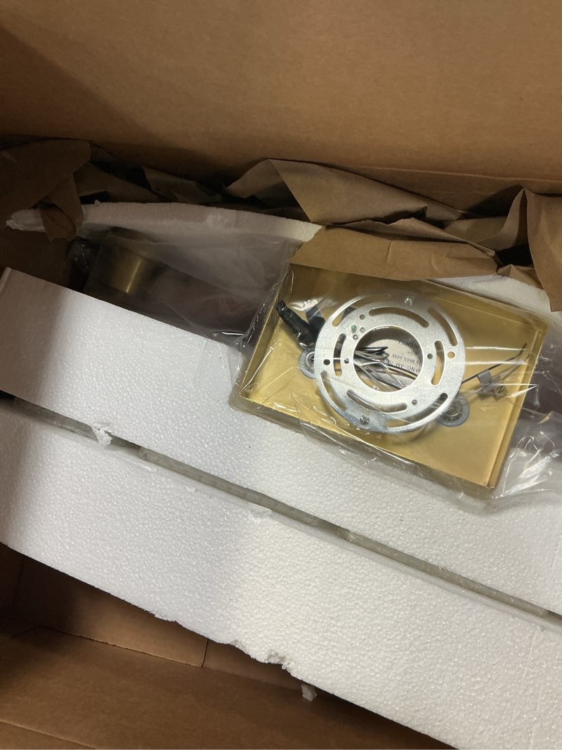 Condition photo showing Good Condition for EMONG 4-Light Gold Bathroom Light Fixtures 23.6'' Brushed Gold Vanity Light Over Mirror with Clear Glass Shade Modern Wall Sconce Classic Wall Light Fixture for Hallway Porch Farmhouse Living Room AM-70050-4-BR