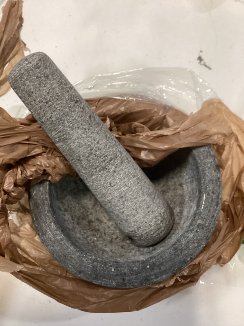 Condition photo showing As Is for ChefSofi 1.5 Cup-Capacity Mortar and Pestle Set - Unpolished Heavy Granite for Enhanced Performance and Organic Appearance Gray 1.5-Cups