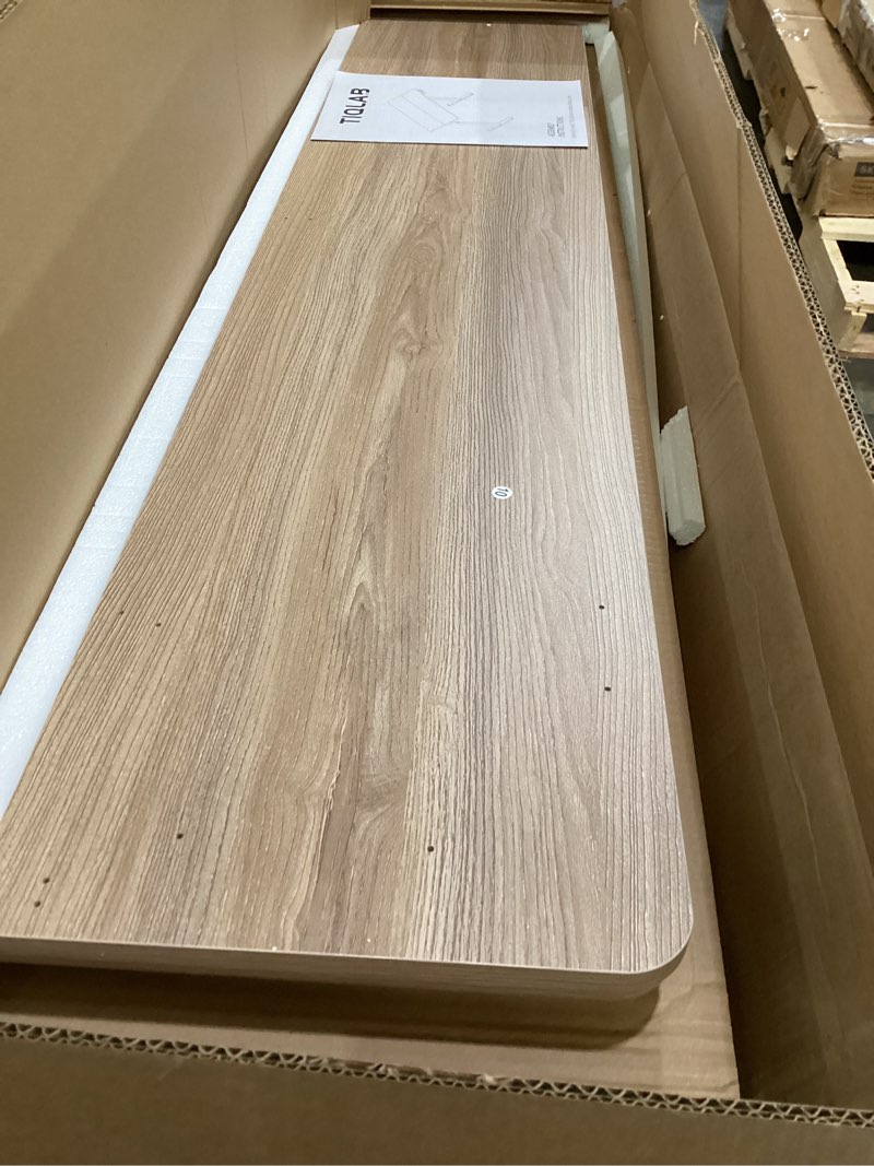 Condition photo showing As Is for TIQLAB Height Adjustable Electric Standing Desk, 55 x 24 inch, Sit Stand Up Desk, Splice Board, Computer Home Office Desk, White Frame/Maple Top 55*24 inch Maple