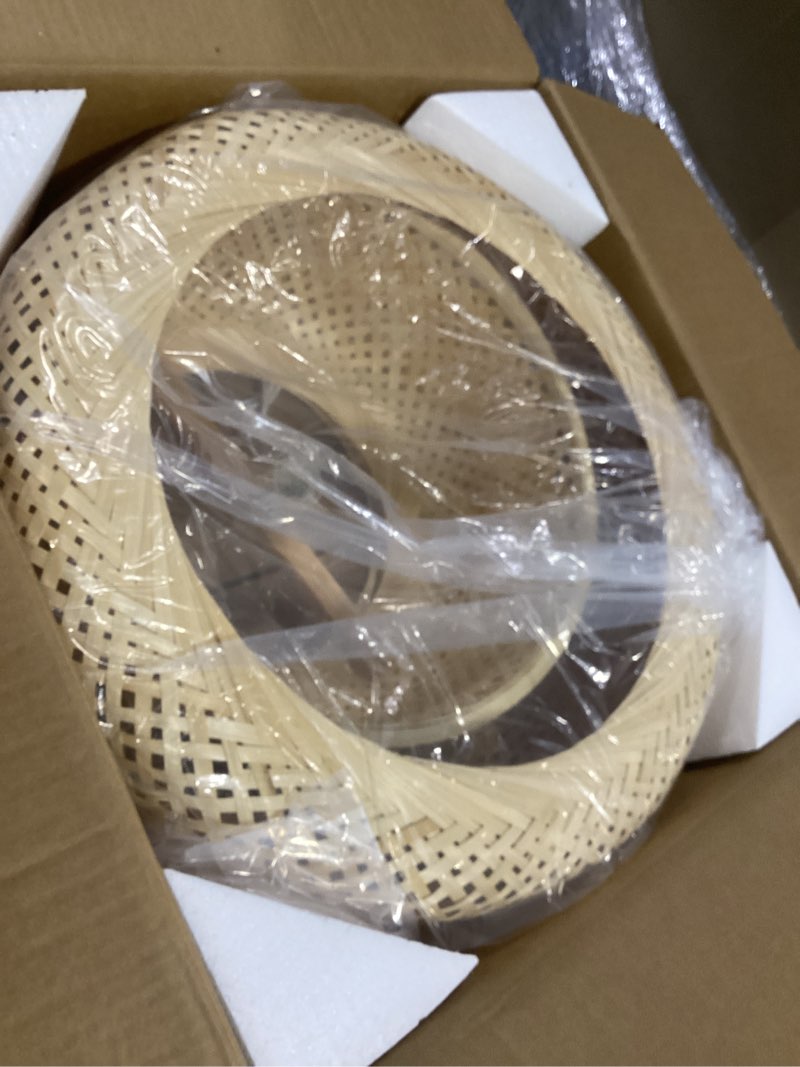 Condition photo showing As Is for Hand-Woven Bamboo Pendant Light, Rattan Handwoven Pendant Lamp, Natural Chandeliers Domed Shape Woven Light 1 Light Hanging Light for Kitchen Farmhouse Beige (19.68 x 18.89inch)