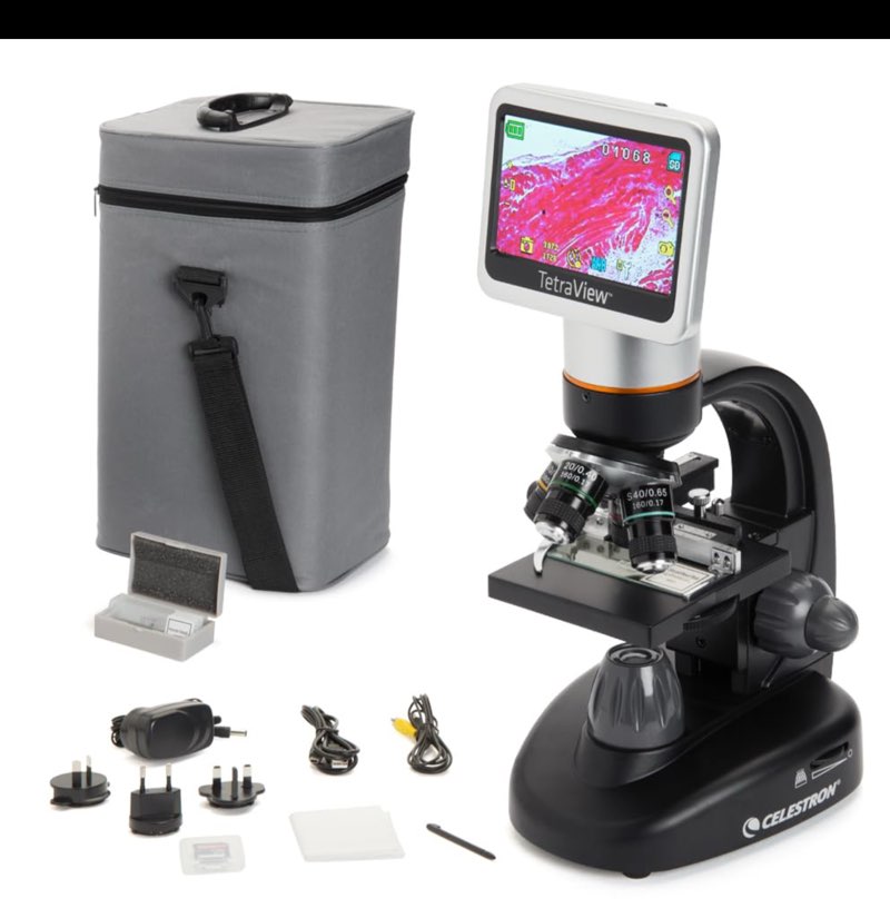 Celestron – TetraView LCD Digital Microscope – 4.3" Screen – 5MP Camera – 40x–1600x Magnification – Rotating Head – SD Card Included –TV Output – Ideal for Slides, Labs, Classrooms, Biology, Education