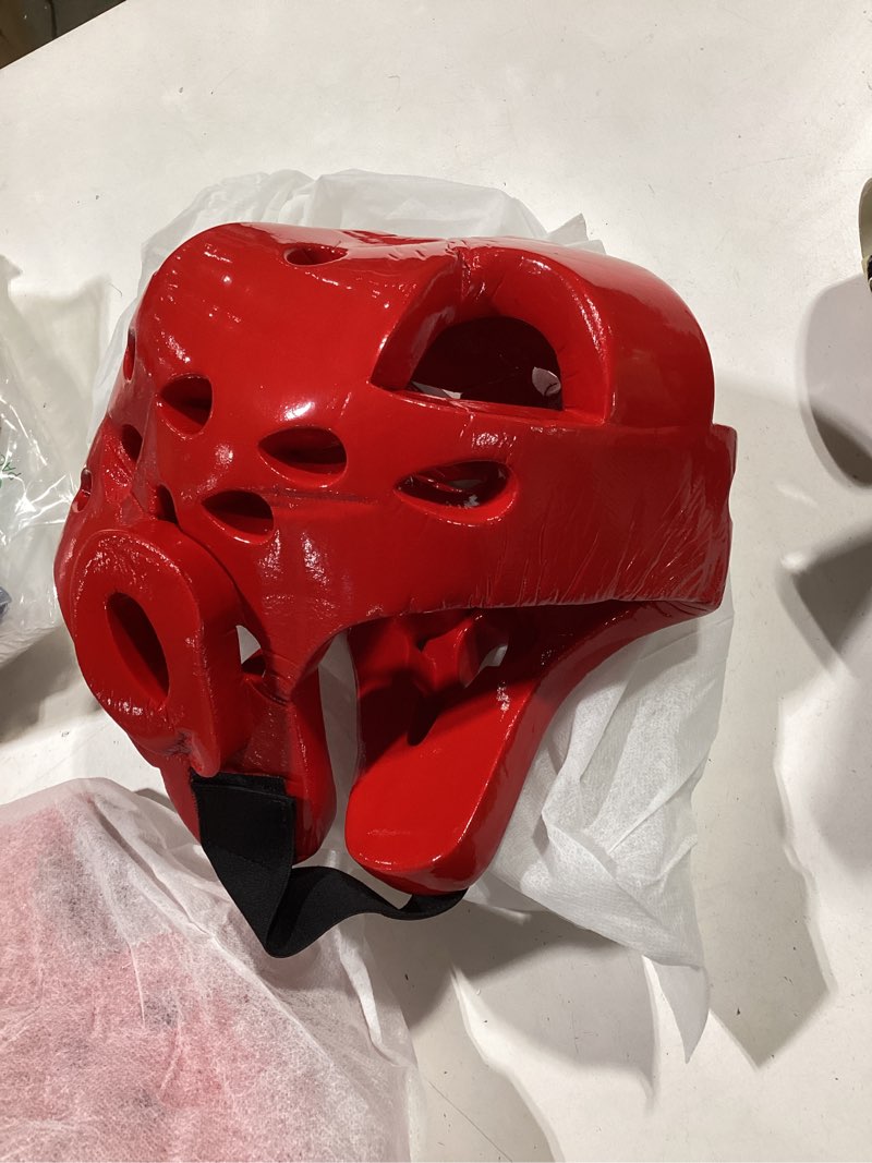 Condition photo showing Good Condition for youth & adults taekwondo karate headgear mma martial arts helmet, soft head gear for martial art grappling muay thai kickboxing taekwondo red medium
