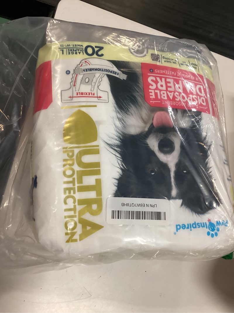 Condition photo showing New/Like New for paw inspired 20ct disposable dog diapers | female dog diapers ultra protection | diapers for dogs in heat, excitable urination, or incontinence (large) large (20 count)