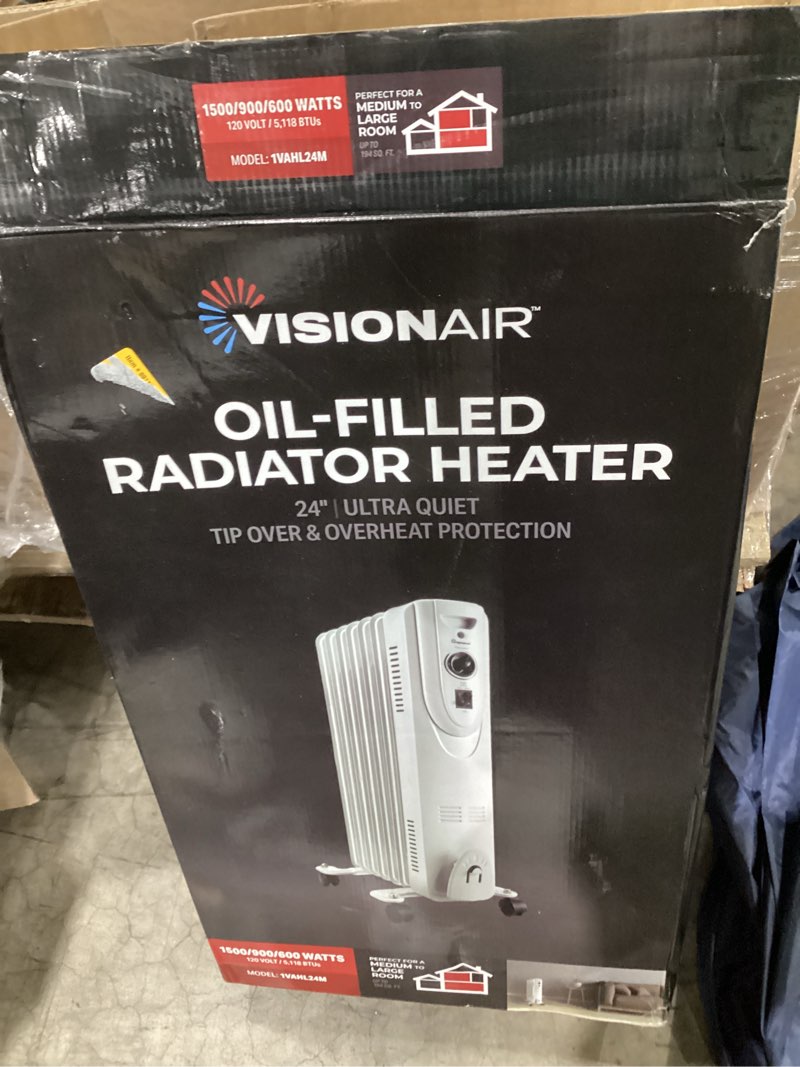 Condition photo showing As Is for visionair 22” 600/900/1500w oil-filled radiator heater 