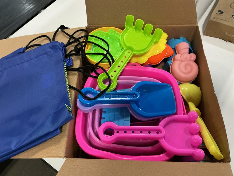 Condition photo showing Good Condition for collapsible beach toys for kids toddlers, 3 foldable buckets and shovels set, sand castle building kit, ice cream travel sand toys for sandbox & mesh bag, beach essentials for boys girls age 3-10