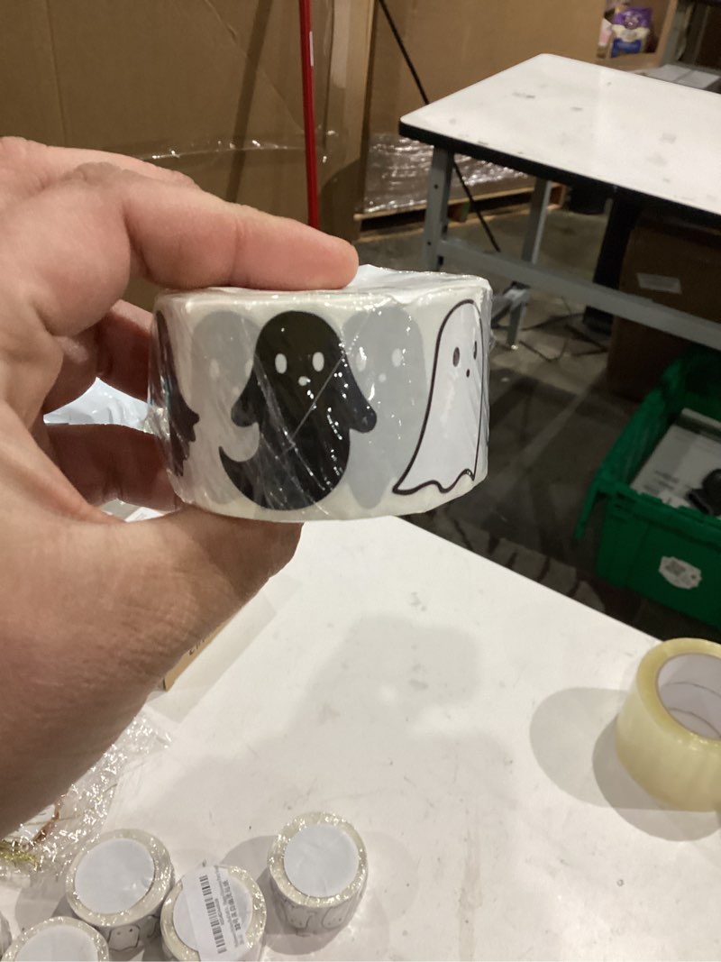 Condition photo showing New/Like New for Halloween Stickers Roll Self Adhesive Cute Ghost Stickers Roll 1.4 Inch White and Black Ghost Label Decal for Envelopes Craft Card Seal Gifts Candy Bags Happy Halloween Party Supplies