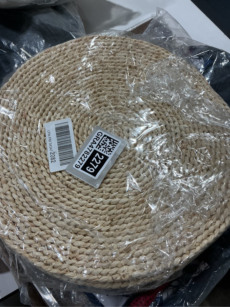 Condition photo showing As Is for 6 pack woven placemats,round corn husk weave placemat braided rattan tablemats 14.9" ntural