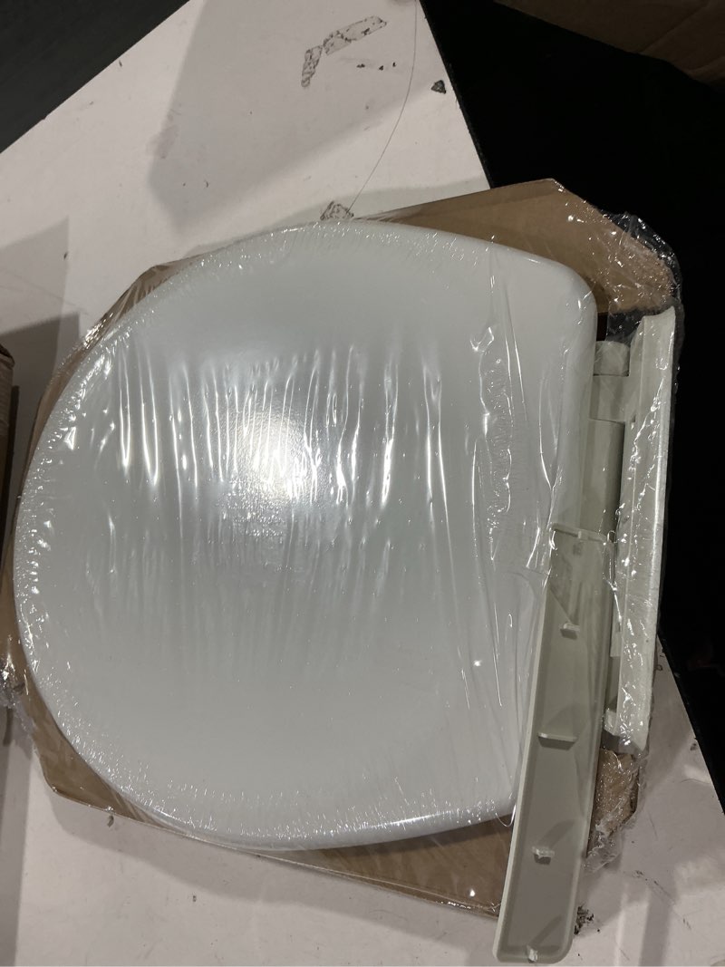 Condition photo showing As Is for mayfair ashton easy to clean single hinge toilet seat, modern slow close wood toilet seat, made in usa, round, white round modern hinge