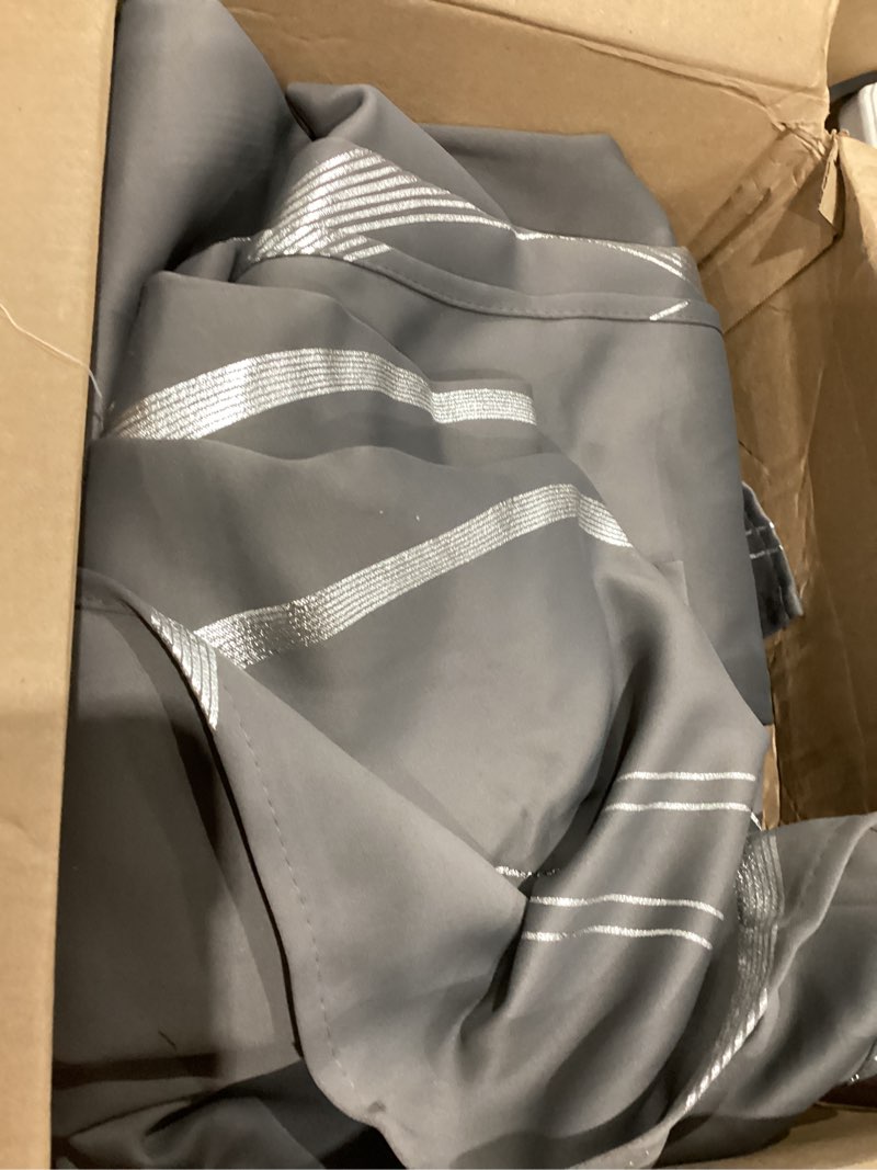 Condition photo showing As Is for nicetown grey blackout striped pattern curtains for living room 84 inch long 2 panels set, noise reducing thermal insulated wave line foil print bedroom drapes for patio sliding glass door (52 x 84) 1 - grey 52"w x 84"l (pack of 2)