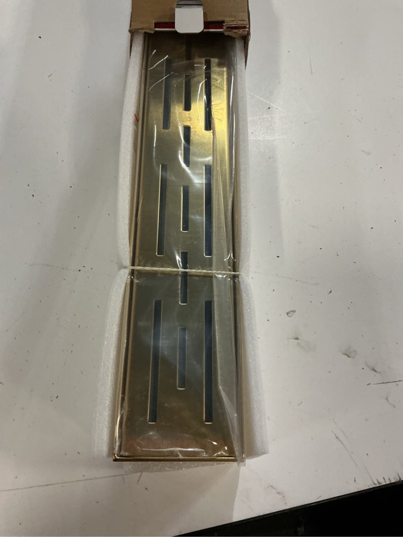 Condition photo showing New/Like New for neodrain 24-in brushed brass rectangular linear shower drain with brick pattern grate, 304 stainless steel bathroom floor drain, gold linear drain with hair strainer,cupc certified golden 24 in