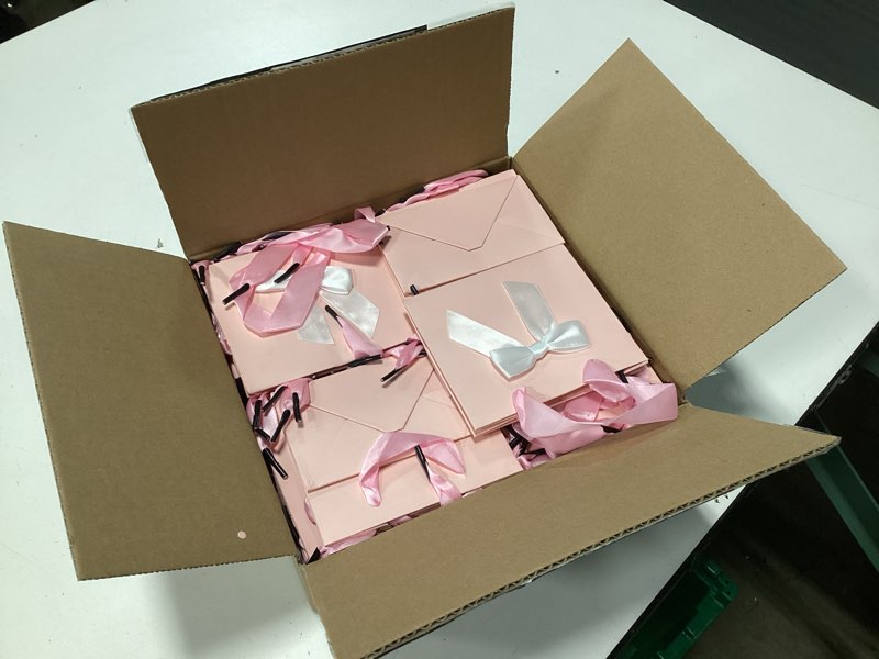 Condition photo showing New/Like New for Kolldenn 50 Pcs No DIY Small Gift Bags with Bow Ribbon 4'' x 2.7'' x 4.5'' Mini Pink Paper Thank You Bags Bulk with Handle for Baby Shower Party Favor Wedding Birthday Pink 1 Count (Pack of 50)