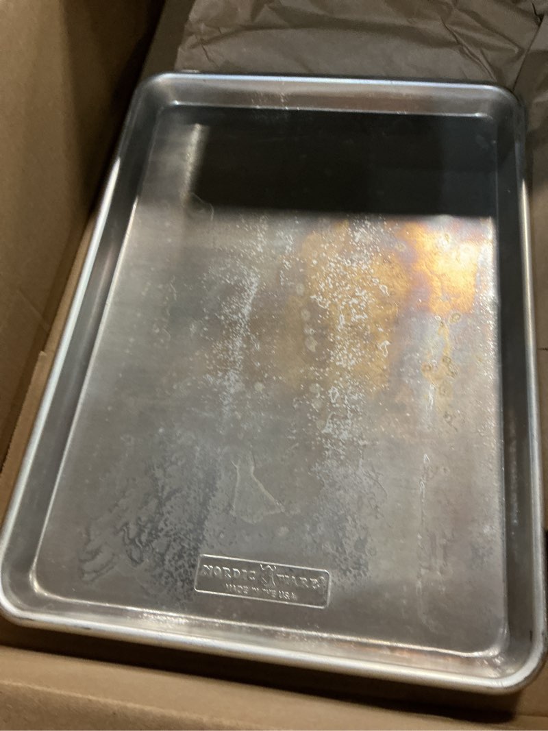 Condition photo showing As Is for nordic ware natural high sided sheet cake pan, silver high sided with lid