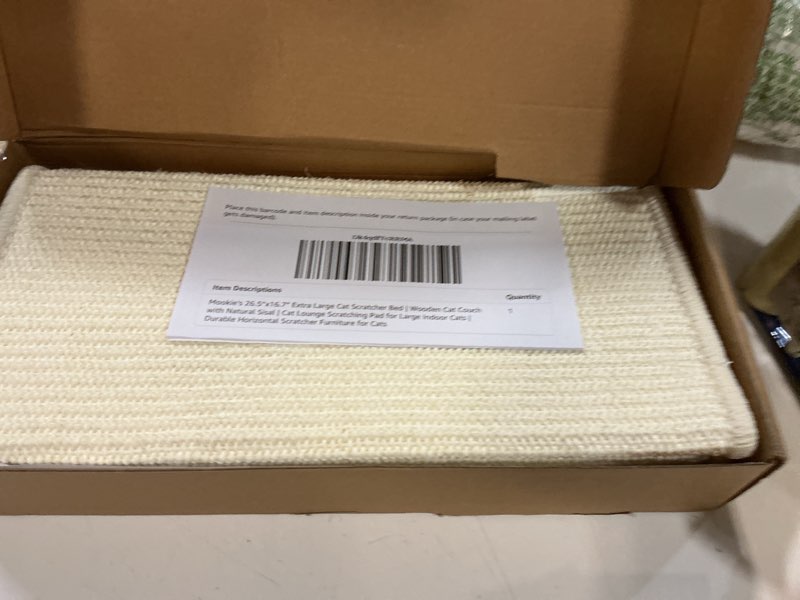 Condition photo showing Good Condition for mookie’s 26.5”x16.7” extra large cat scratcher bed – wooden cat couch with natural sisal – cat lounge scratching pad for large indoor cats, durable horizontal scratcher furniture for cats