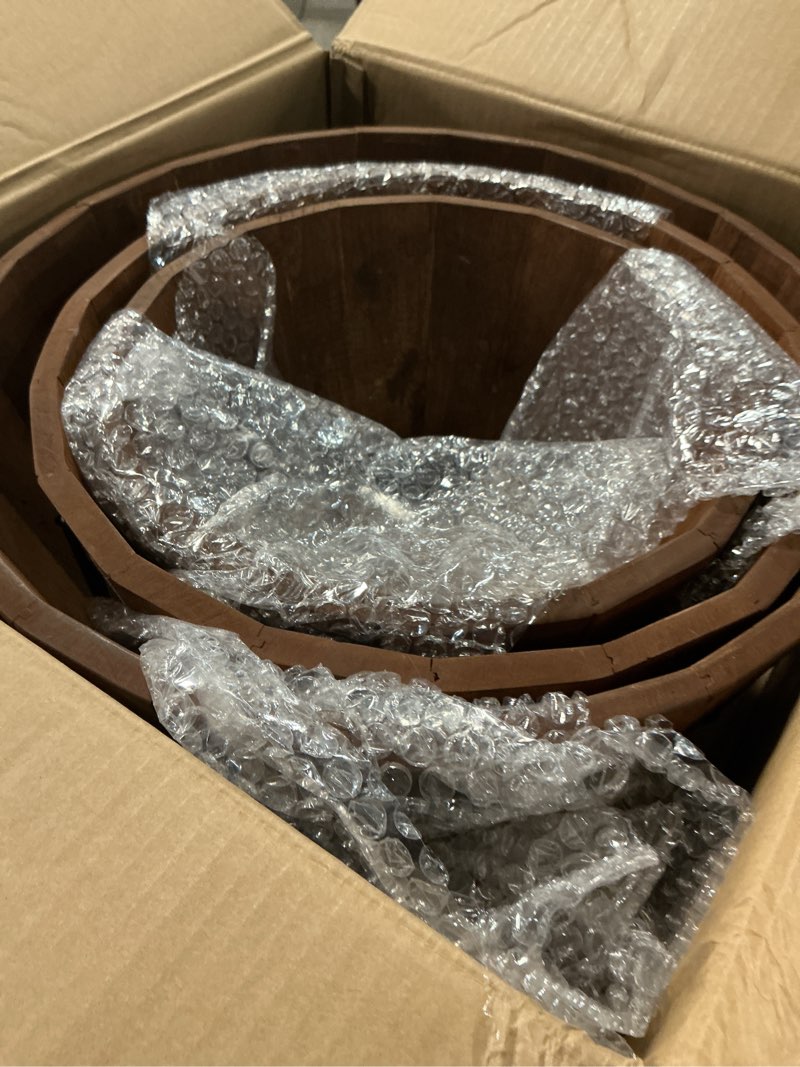 Condition photo showing Good Condition for Idzo Set of 3 Wooden Flower Boxes Outdoor, Durable Acacia Wood Barrel Planters for Outdoor Plants with Ergonomic Handles, Drainage Holes, Multiple Sizes Wood Bucket Planter Light Brown Round_ Light Brown _ Pack 3
