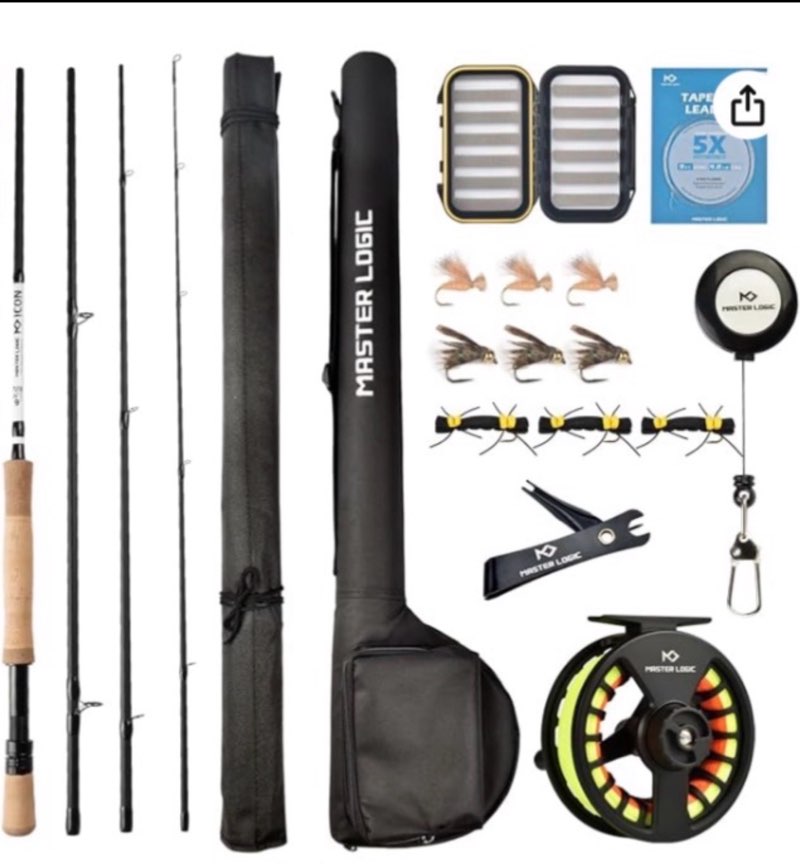 fly fishing rod and reel combo starter kit, graphite fly rod with cork handle, die cast aluminum reel, fly box case & fishing flies and carrying case and accessories