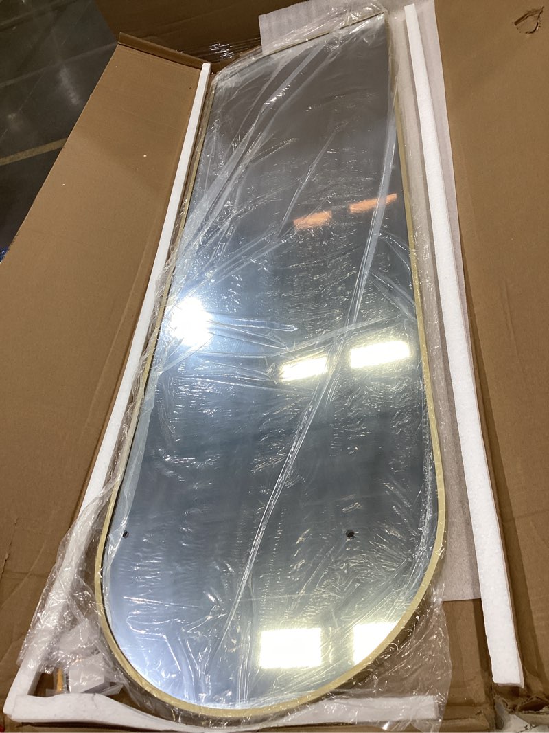 Condition photo showing As Is for full length mirror with stand, 71"x28" arched full body large stand up aluminum frame floor standing mirror, freestanding hanging leaning mounted for bedroom living room entryway gold gold 71"l x 28"w