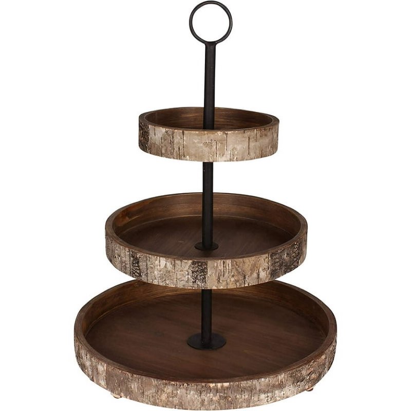 white birch 3-tiered decorative modern farmhouse wooden tray with black metal carrying handle in rustic brown