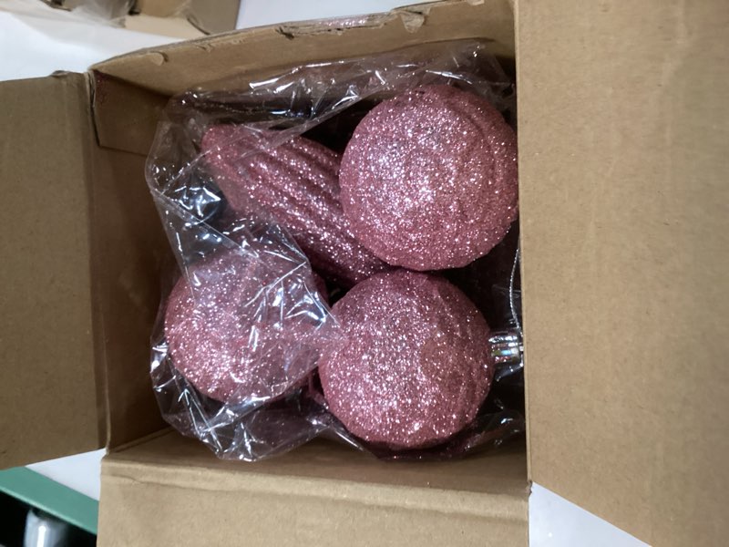 Condition photo showing Good Condition for Syhood 24 Pcs Pink Christmas Ball Ornaments Textured Christmas Tree Balls Various Shapes Shatterproof Hanging Decoration with Glitter 2.36-4.72 Inches for Xmas Holiday Wedding Party Supplies