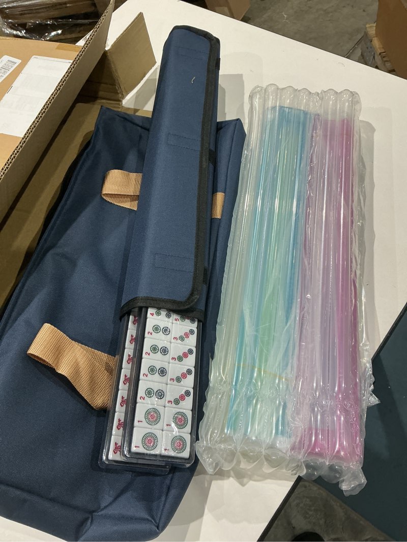 Condition photo showing Good Condition for american mahjong game set, 166 premium white tiles, 4 all-in-one color rack/pushers, complete mahjong set blue carrying bag